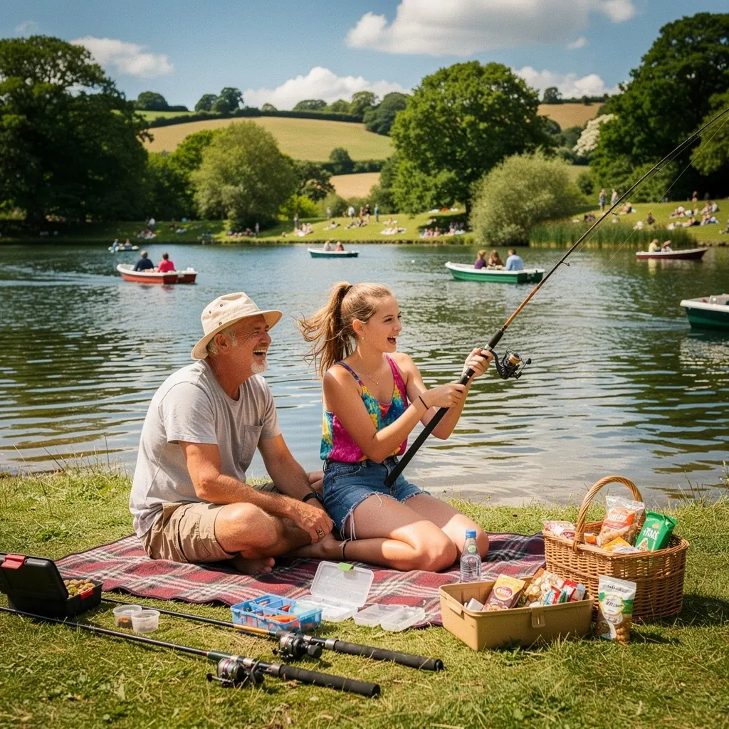 A close-up of various fishing gear laid out on a wooden table, showcasing rods, reels, and lures.